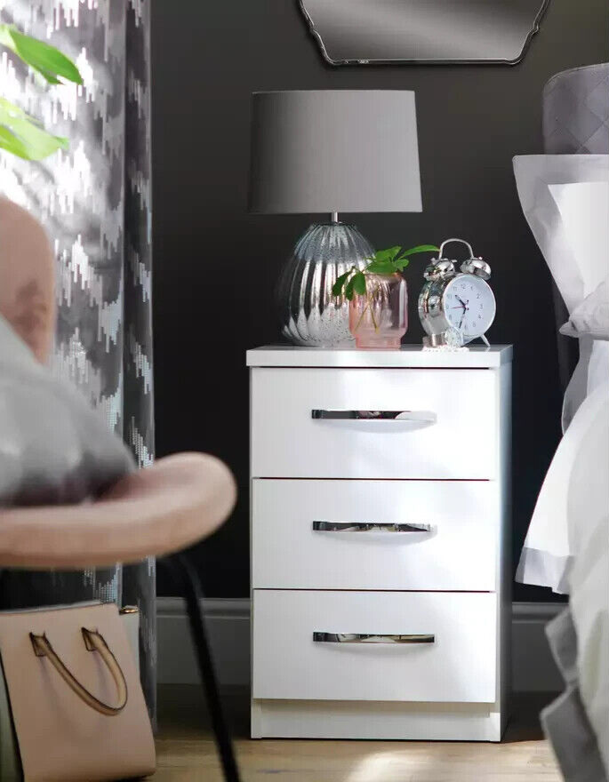 Hallingford 3 Drawer Bedside Table -White Gloss