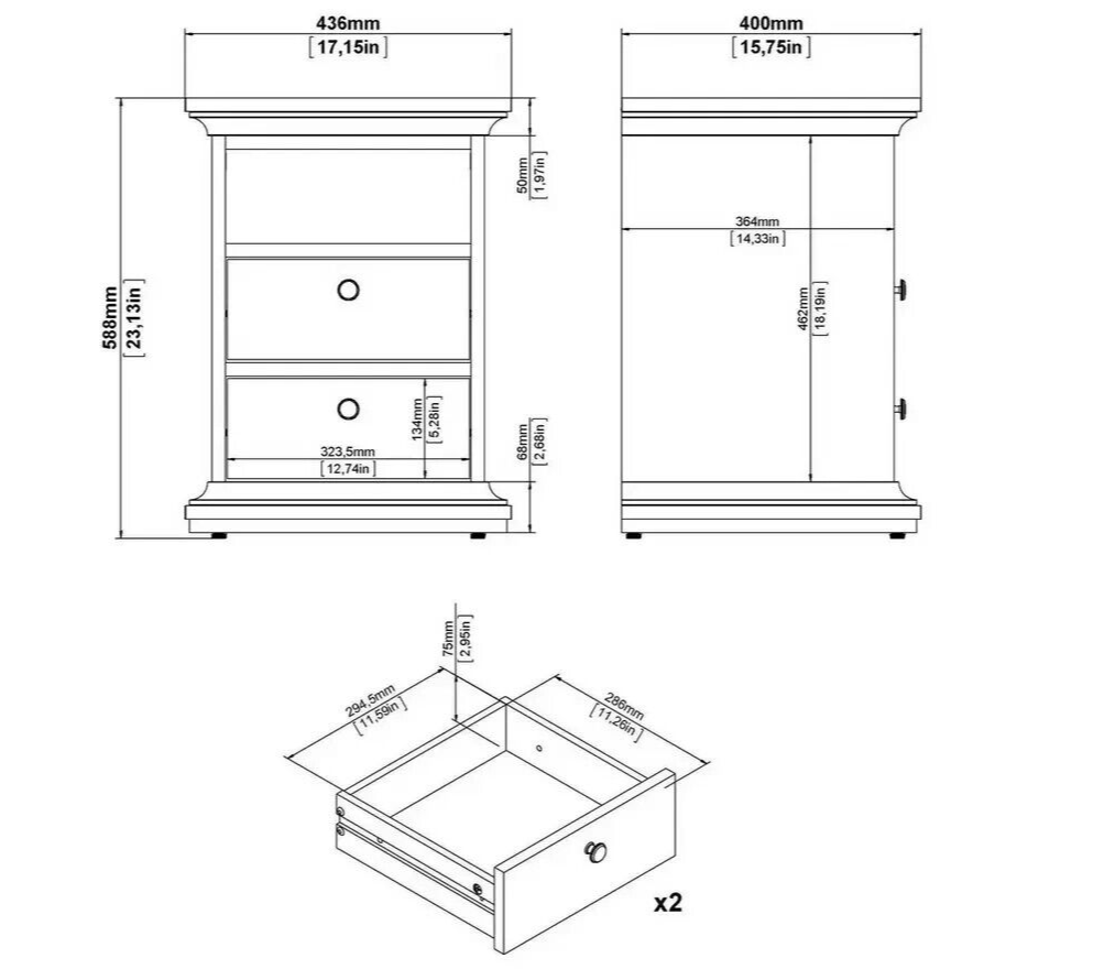 Tvilum Paris 2 Drawer Bedside Table - White