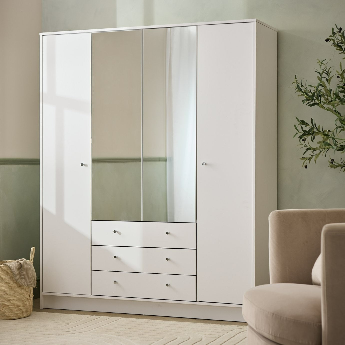 Home Malibu 4 Door 3 Drawer Mirror Wardrobe - White | white mirrored wardrobe