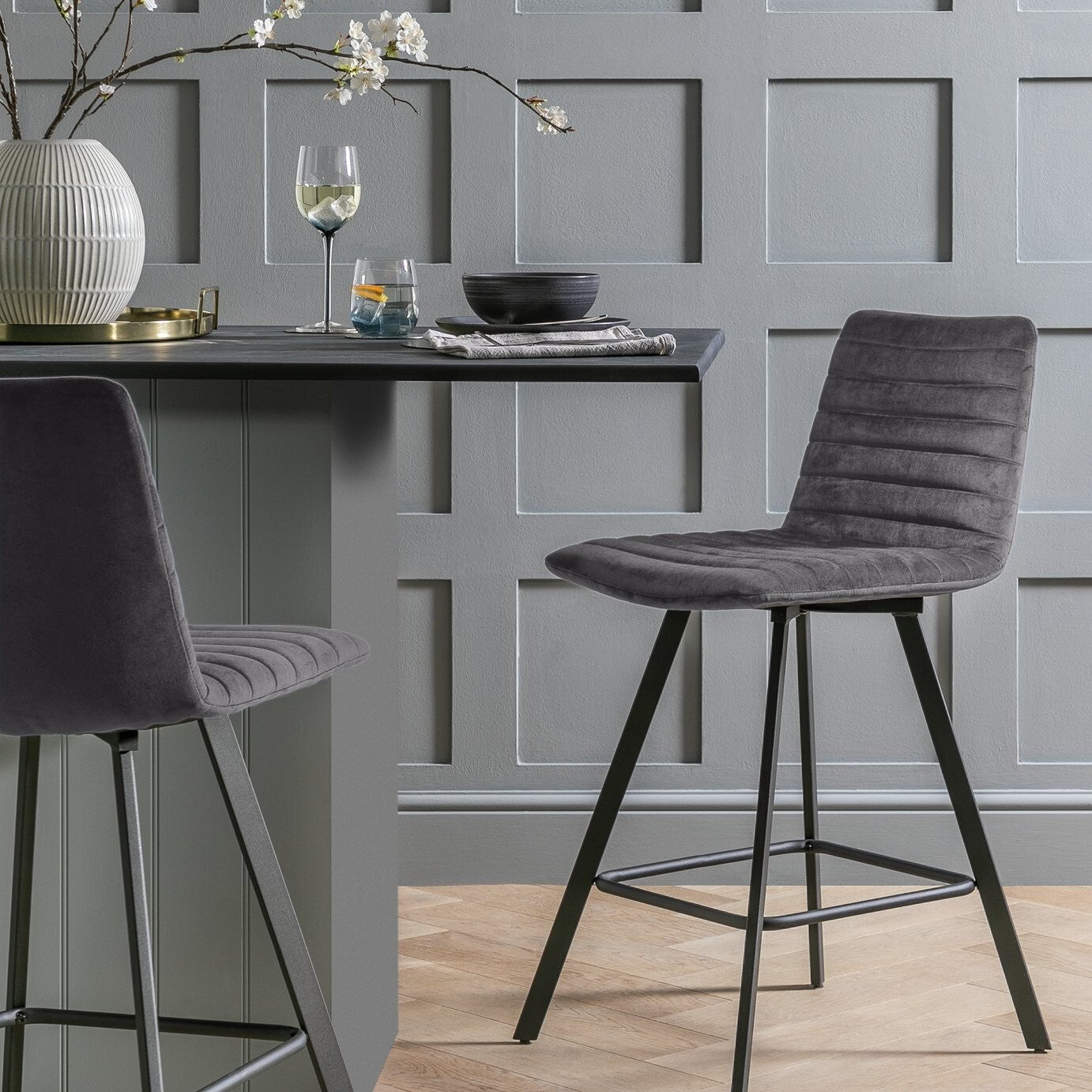 Keaton Velvet Counter Bar Stool - Charcoal