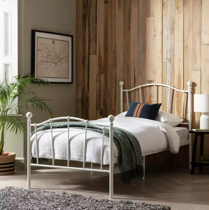 Fleur Single Metal Bed Frame - White with Single Memory Foam Mattress