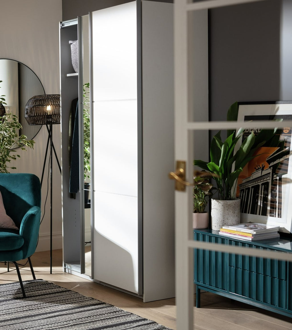 Holsted Half Mirror 120cm Sliding Wardrobe -White | Space-saving white wardrobe