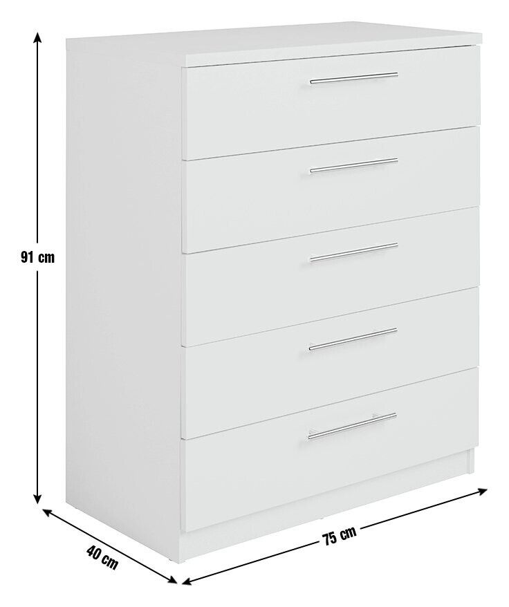 Home Brisbane 5 Drawer Chest White | Modern Storage Cabinet Dresser Furniture